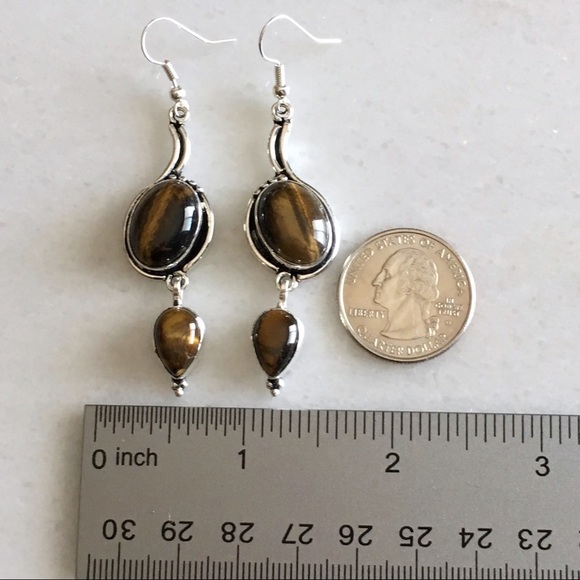 New Tiger’s Eye Gemstone Crystal Dangle Hook Silver Earrings - Picture 6 of 8
